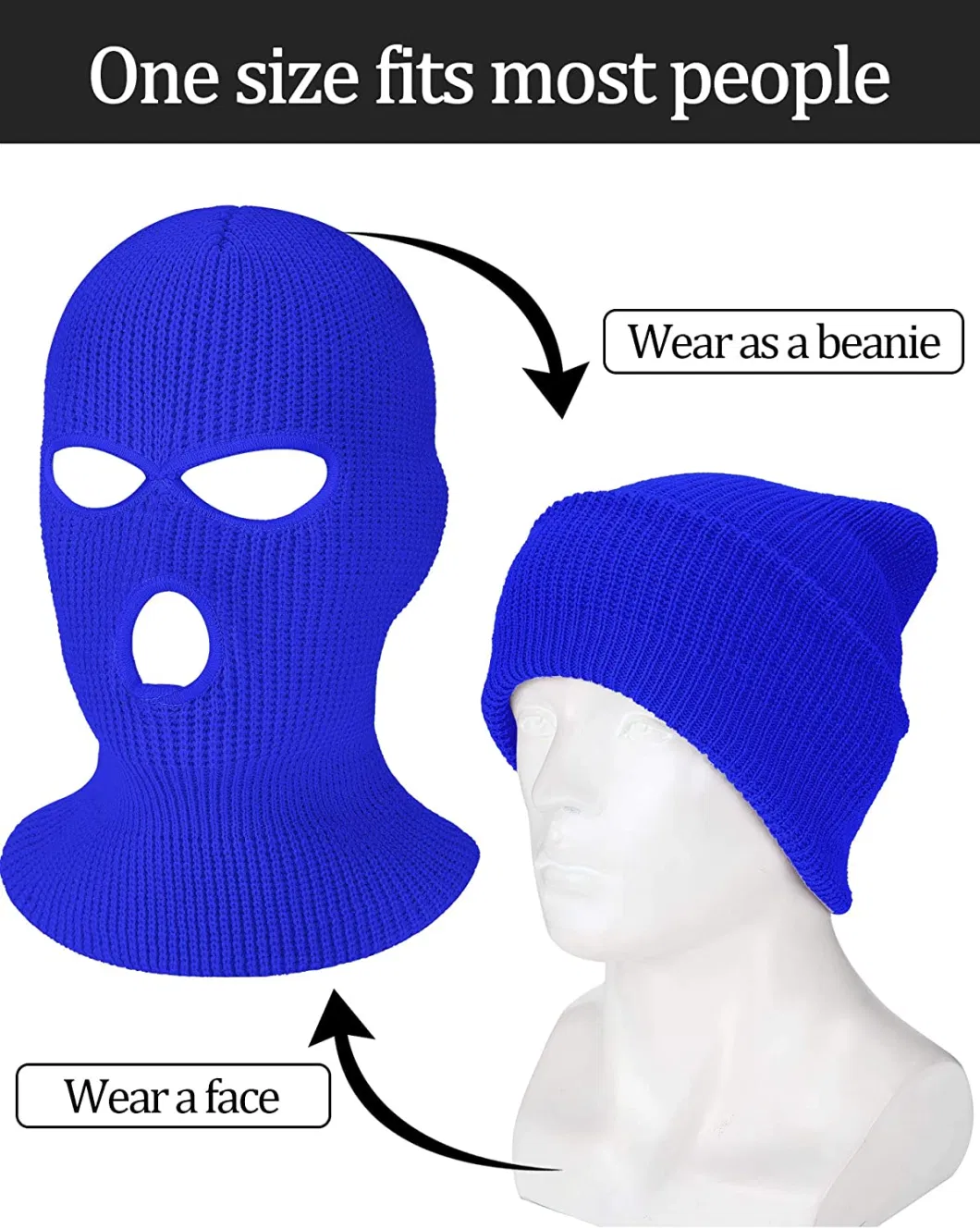 Royal Blue 3-Hole Knitted Full Face Cover Ski Mask, Winter Balaclava Warm Knit Full Face Mask for Outdoor Sports