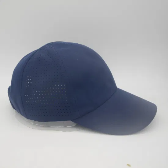 Gorra deportiva con corte por láser, gorra de béisbol de poliéster transpirable con orificio realizado en 6 paneles, sin botón superior